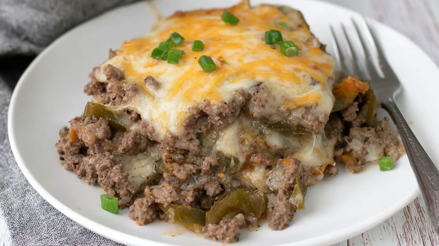 Delicious keto Philly cheesesteak casserole in a baking dish
