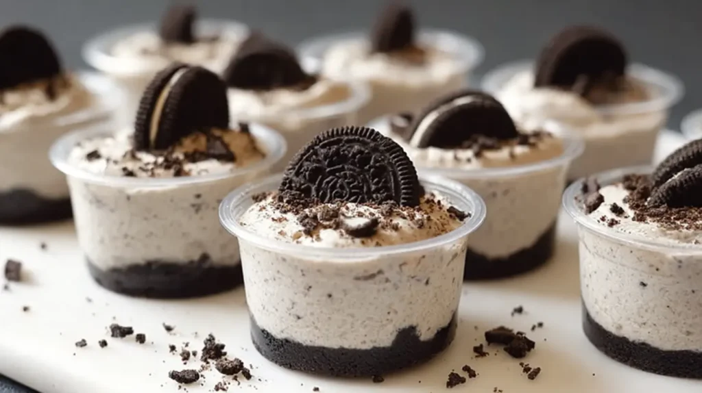 A close-up of delicious Cookies and Cream Dessert Cups, showing distinct layers.