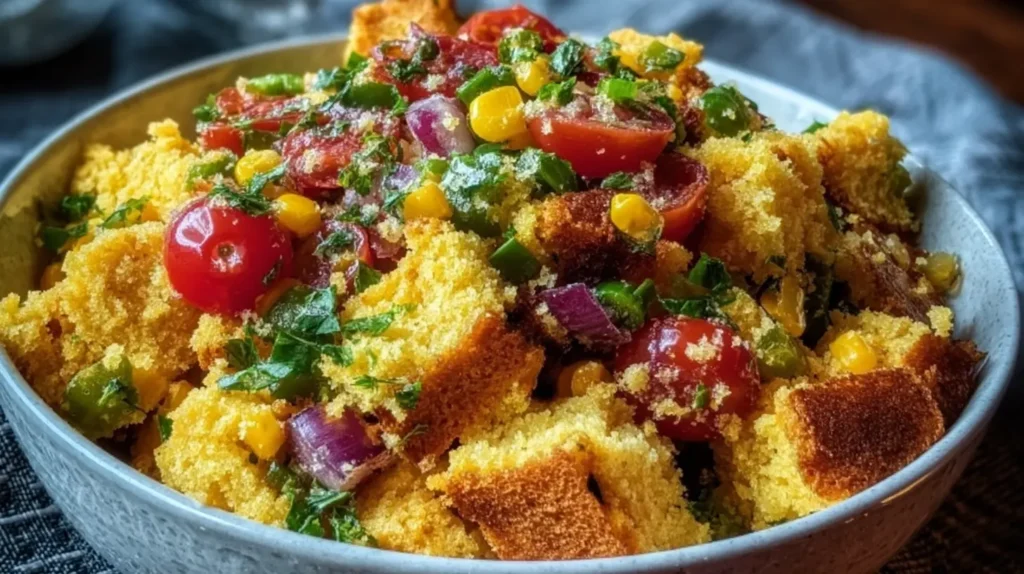 Delicious cornbread salad presented in a clear bowl, showing its colorful layers