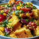 Delicious cornbread salad presented in a clear bowl, showing its colorful layers