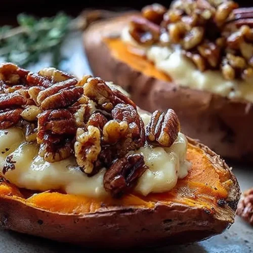 A platter of maple pecan brie sweet potatoes, garnished with fresh herbs