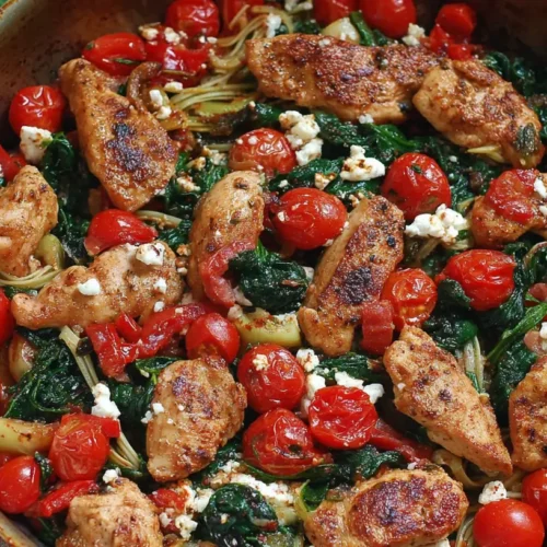 A vibrant Mediterranean chicken stir fry recipe in a skillet.