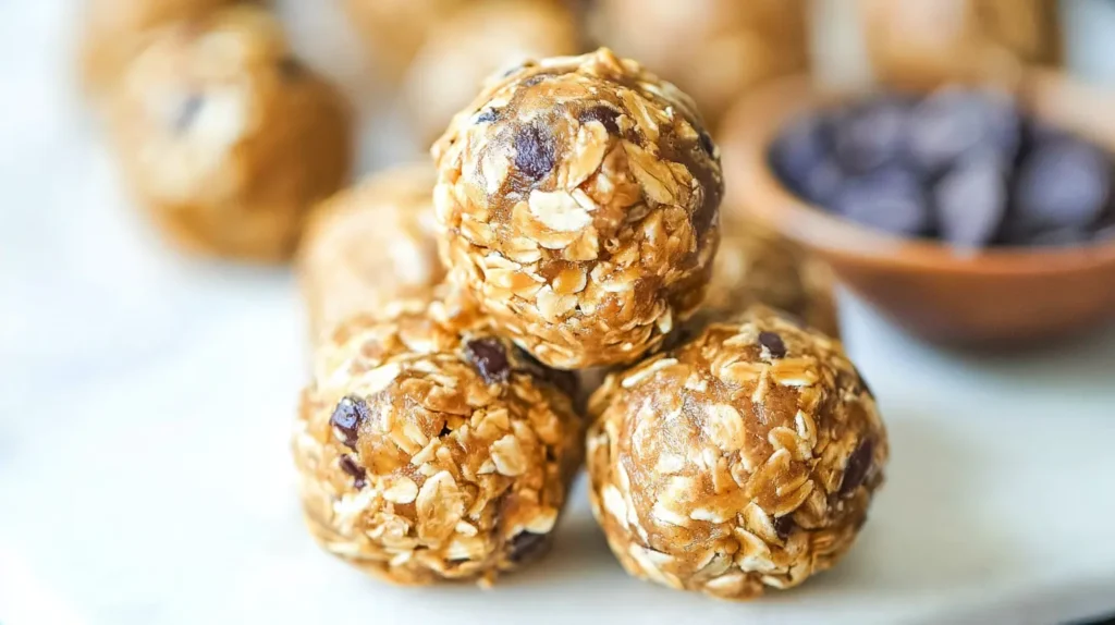 Delicious no-bake peanut butter energy bites arranged on a platter.