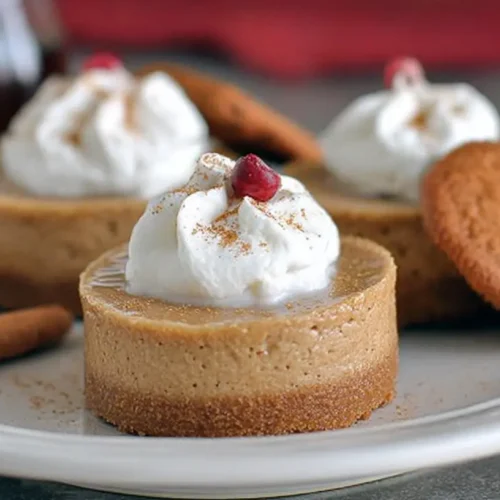 Four individual no-bake gingerbread cheesecake cups, garnished beautifully, on a light background.