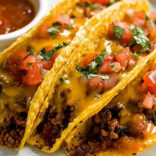Several oven-baked cheesy tacos arranged neatly on a baking sheet, ready to serve.