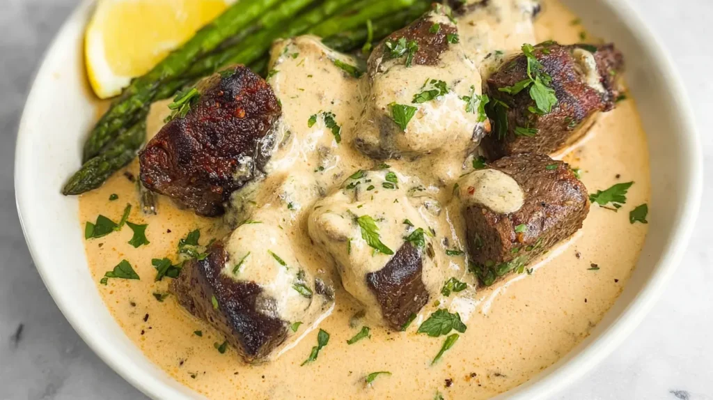 Tender garlic butter steak topped with rich parmesan cream sauce.