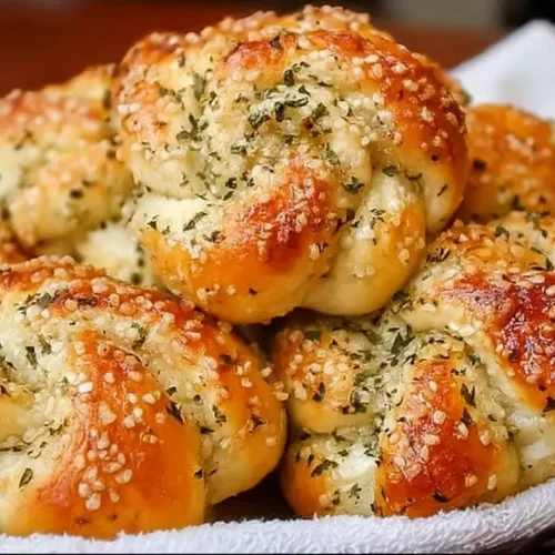 Freshly baked Parmesan garlic knots on a cooling rack.