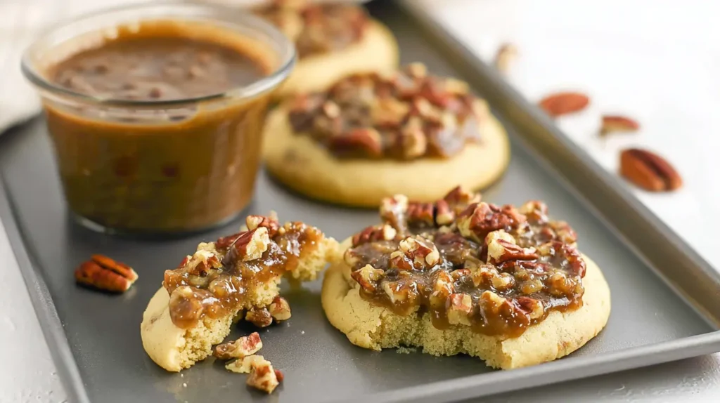 Several freshly baked Crumbl Copycat Pecan Pie Cookies with caramelized pecan topping.