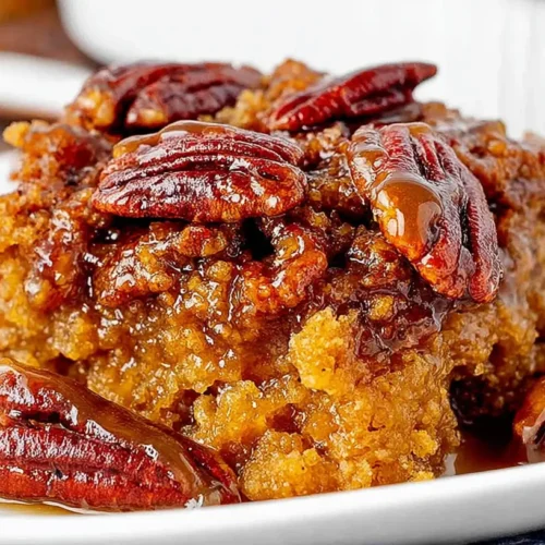 A close-up shot of a baked pecan pie dump cake, showing its golden crust and gooey filling.