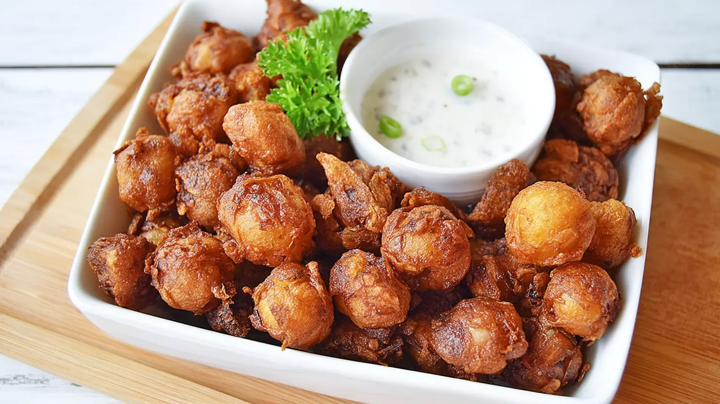 Golden-brown baby bloomin' onions arranged on a plate.