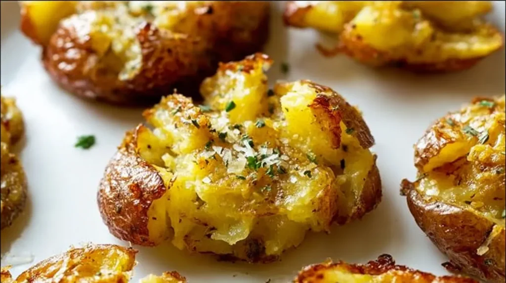 Oven-baked smashed potatoes with a crunchy exterior and soft interior