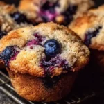 Several freshly baked bakery style blueberry muffins on a cooling rack