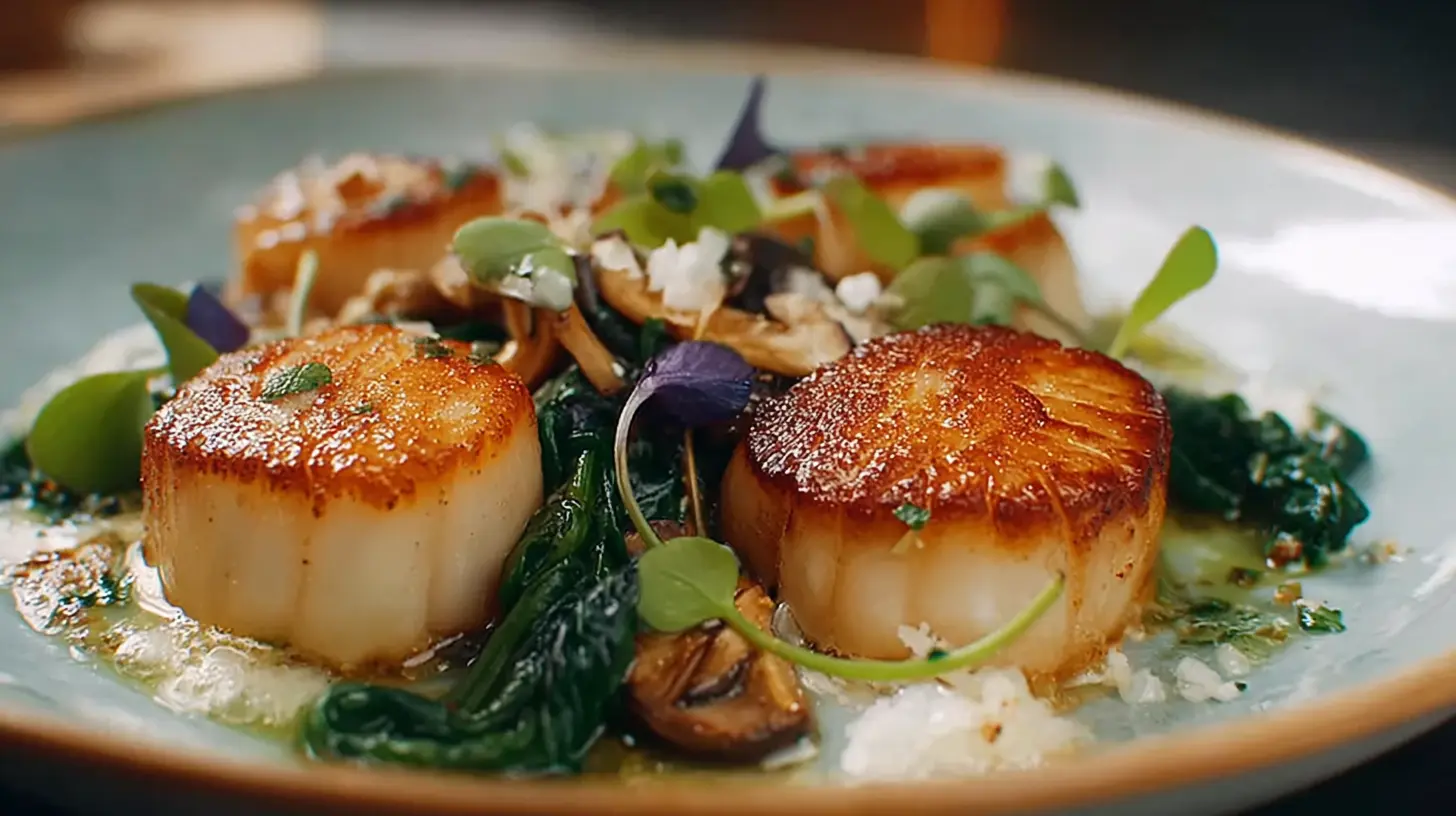 A close-up of beautifully pan seared scallops, inspired by Gordon Ramsay's technique.