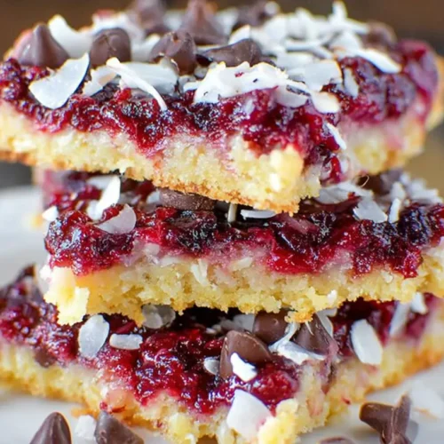 Delicious raspberry coconut magic bars, sweet and colorful