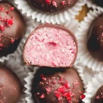 Several delectable creamy raspberry truffles on a white display.
