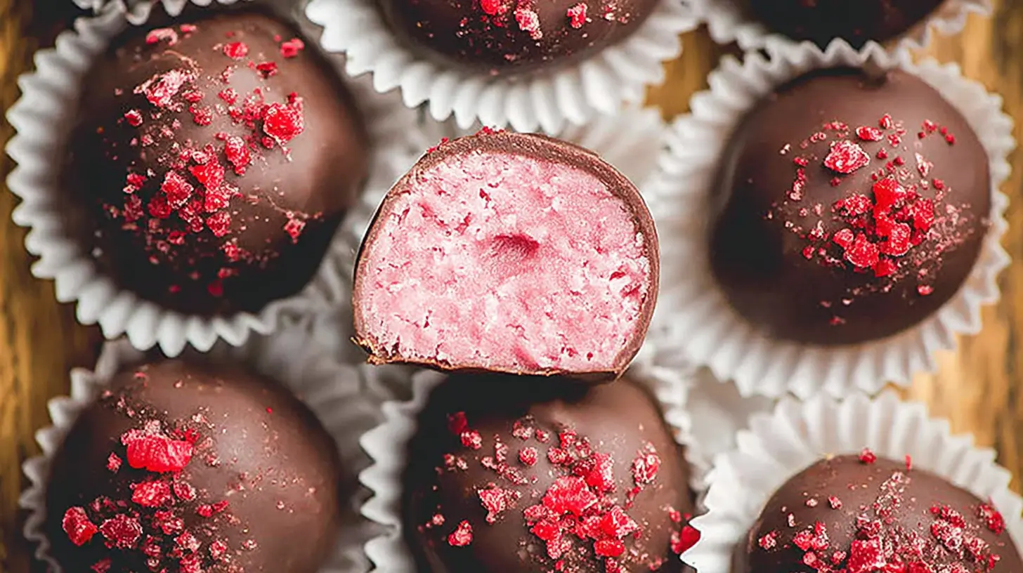 Several delectable creamy raspberry truffles on a white display.