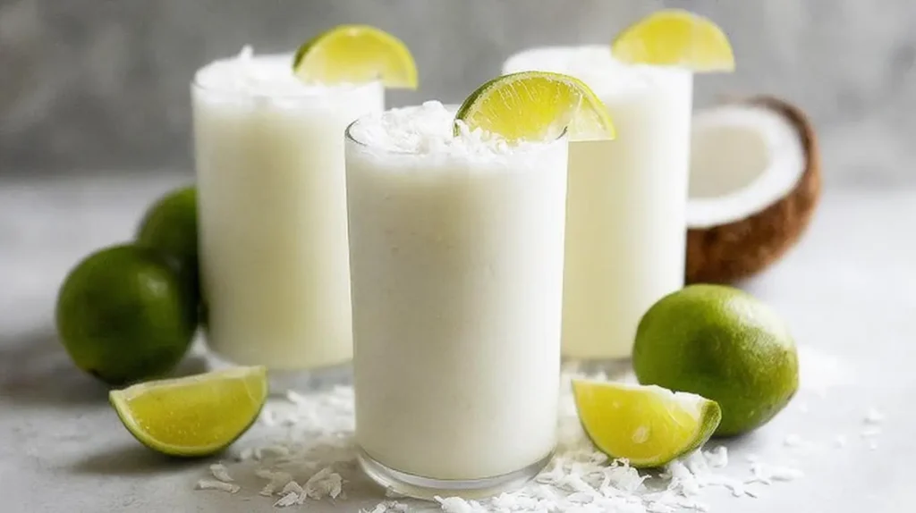 A cool, tropical Colombian coconut limeade in a clear glass.