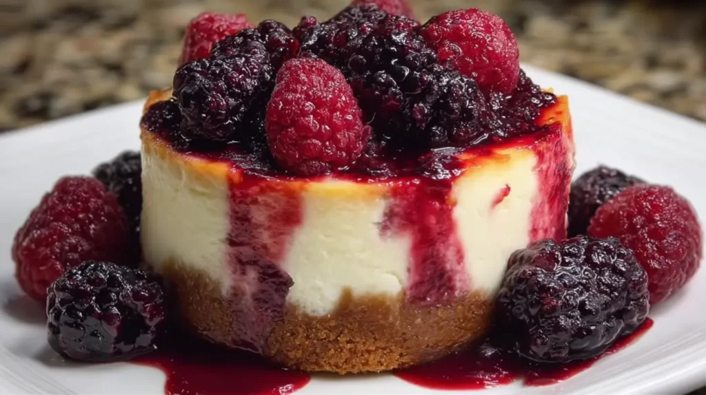Decadent Blackberry Raspberry Cheesecake Delight, beautifully presented with a rich berry topping.