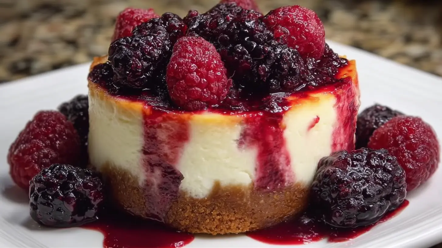 Decadent Blackberry Raspberry Cheesecake Delight, beautifully presented with a rich berry topping.