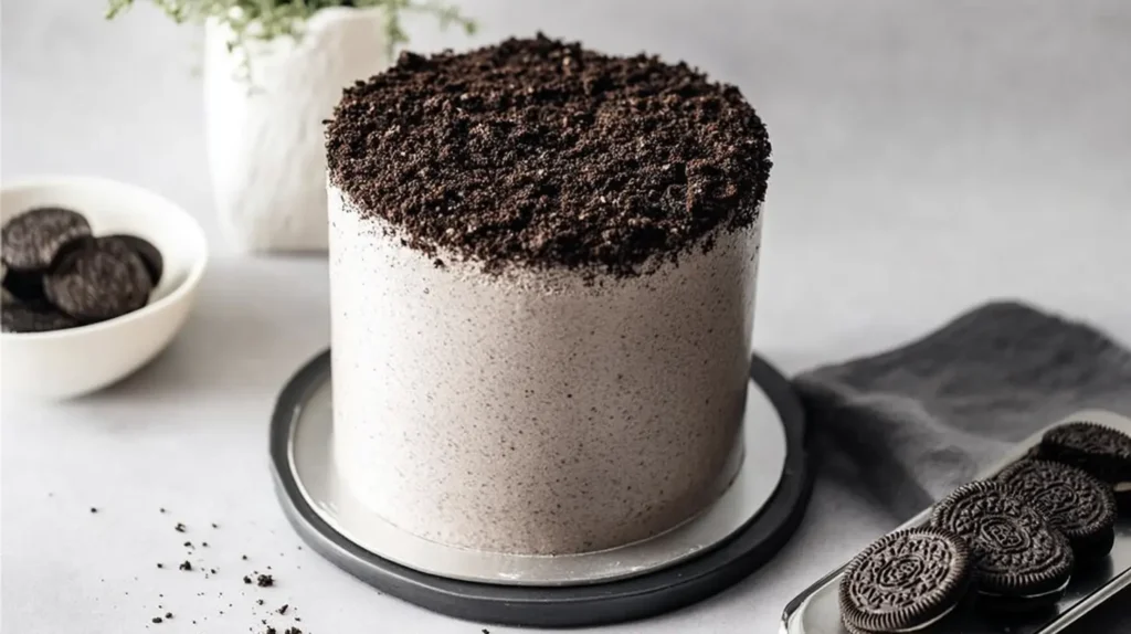 Rich chocolate Oreo cake showcasing its layers and cookie pieces.