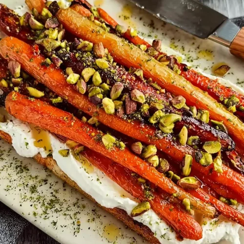 Roasted carrots with creamy whipped ricotta and a drizzle of hot honey.