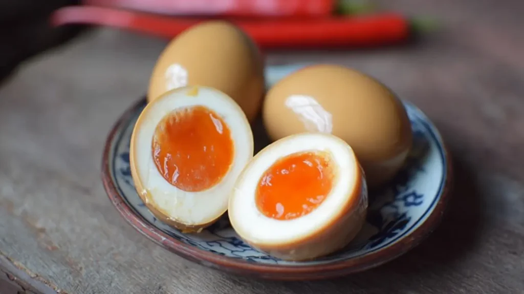 Half-sliced ajitama, a Japanese ramen egg, showing a soft center