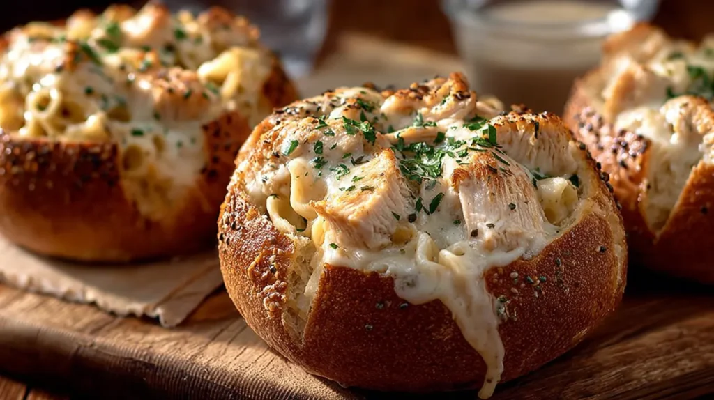 Individual portions of spaghetti inside garlic bread