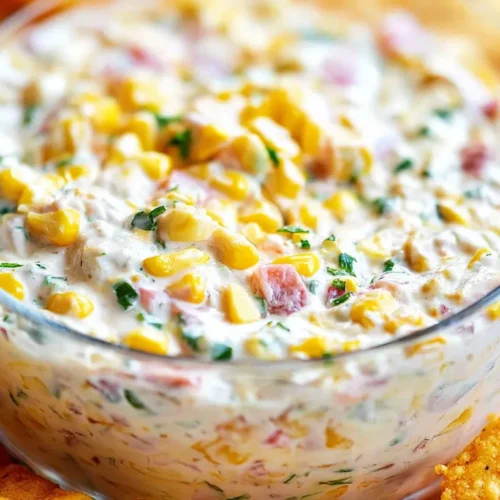 A delicious bowl of savory corn dip, ready to be served.