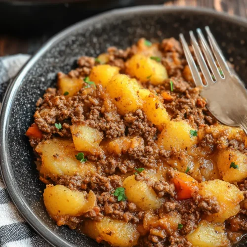 A baking dish filled with a savory hobo casserole, ready to serve.