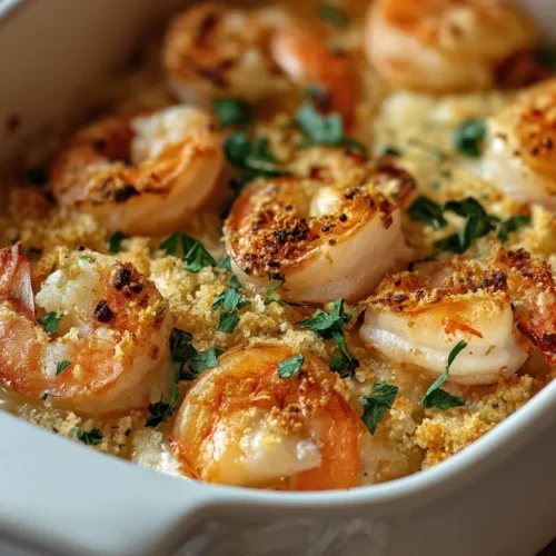 A bubbling shrimp casserole in a baking dish