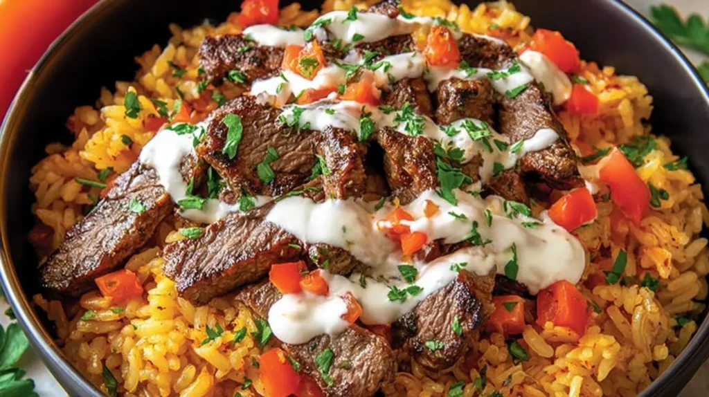 Close-up of Steak Queso Rice, showing the textures of steak, queso, and seasoned rice