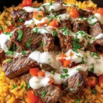Close-up of Steak Queso Rice, showing the textures of steak, queso, and seasoned rice