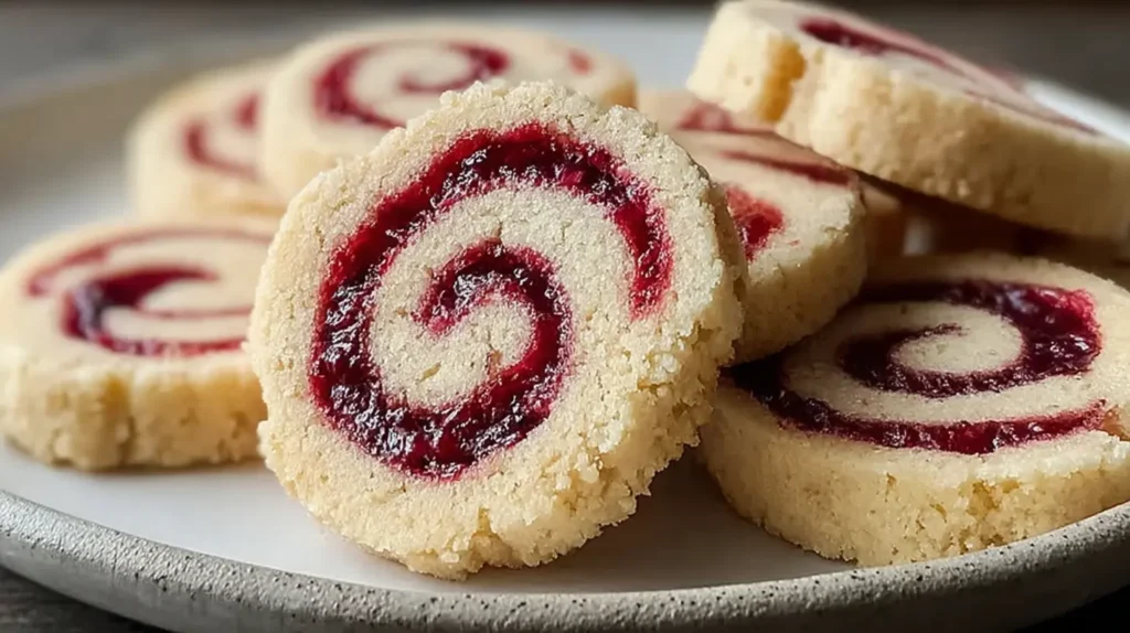 Delicious buttery shortbread cookies with a distinct raspberry swirl pattern.