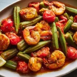 A vibrant dish featuring Smothered Okra with plump shrimp and ripe tomatoes.