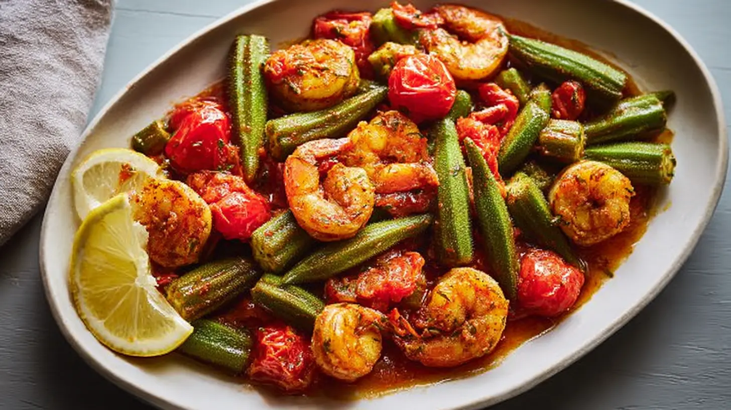 A vibrant dish featuring Smothered Okra with plump shrimp and ripe tomatoes.