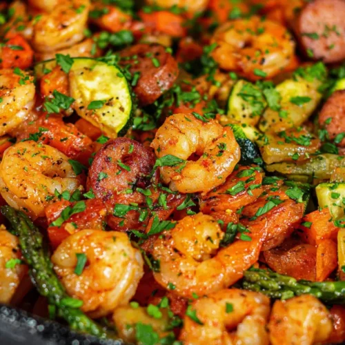 A vibrant shrimp and sausage veggie skillet filled with colorful vegetables and spices.