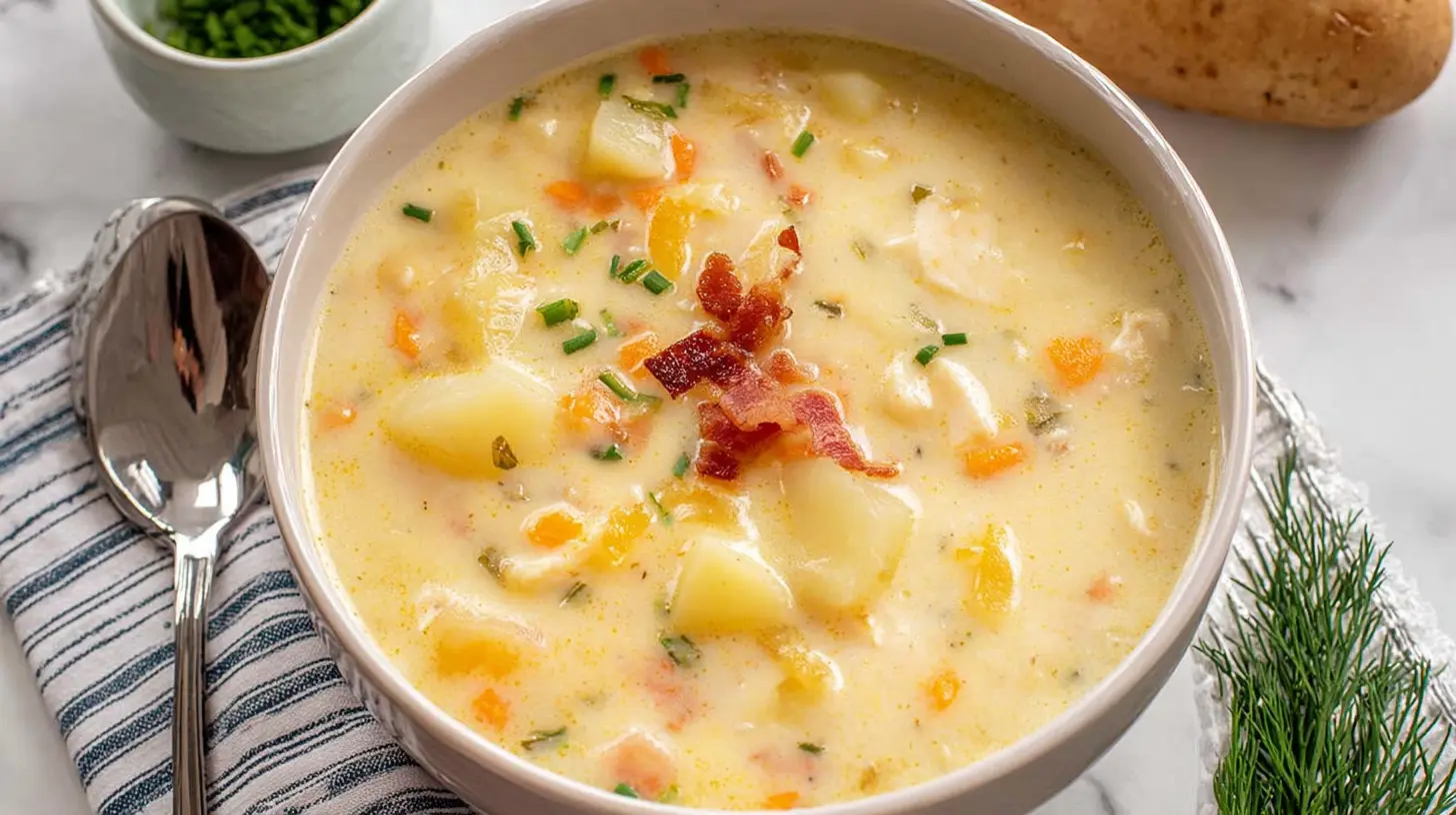 Creamy crockpot potato soup simmering to perfection with simple ingredients.
