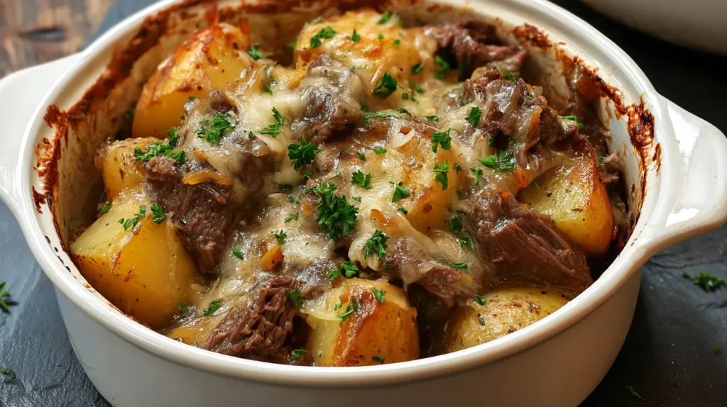 Delicious slow-cooked loaded steak and potato bake in a stoneware pot.