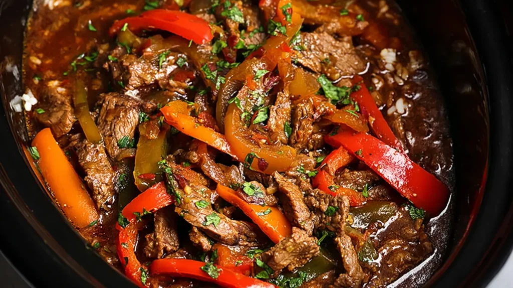 Close-up of slow cooker pepper steak, featuring rich sauce and vibrant peppers