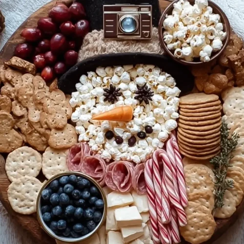 A whimsical charcuterie board shaped like a charming snowman, adorned with various cheeses and meats.