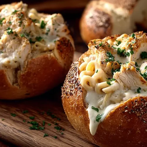 Spaghetti served in a baked garlic bread bowl