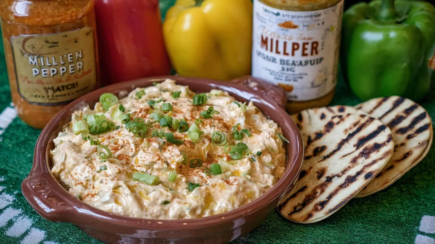 Close-up of a rich, creamy banana pepper chicken dip, ready for dipping.