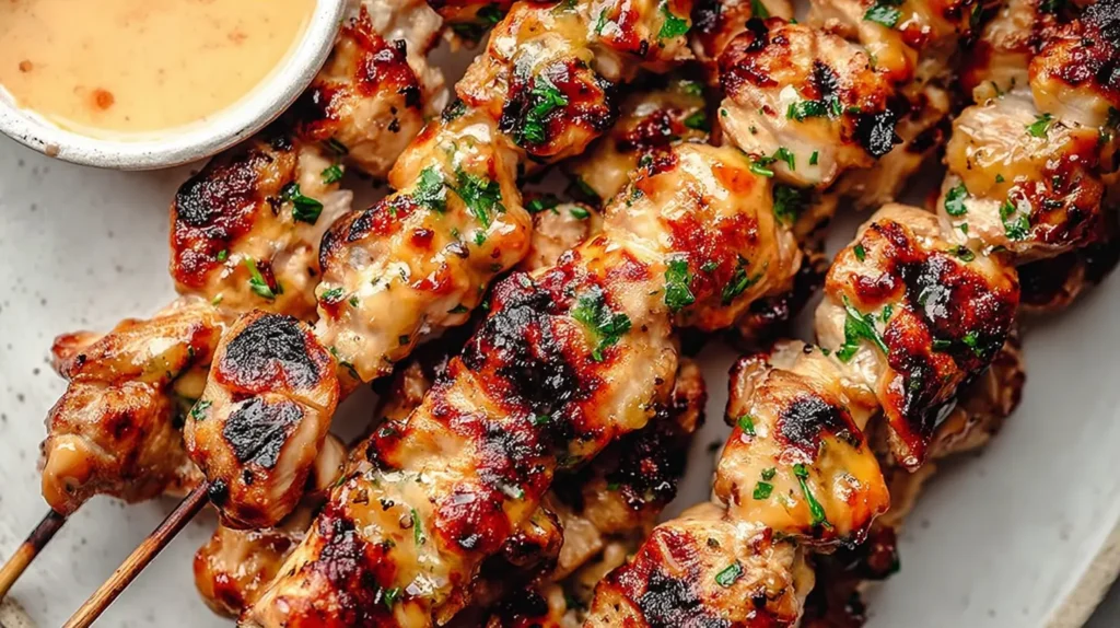 Spicy grilled Bang Bang Chicken Skewers.