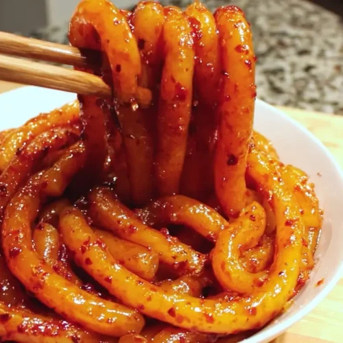 A close-up of a bowl of spicy potato noodles garnished with fresh herbs