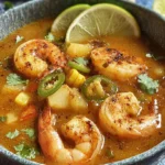 Close-up of spicy shrimp soup with succulent shrimp and colorful vegetables.