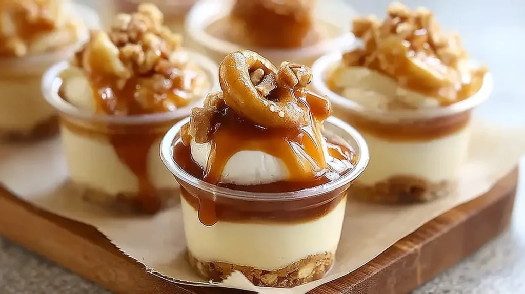 Several small caramel apple dessert cups, topped with a drizzle of sauce.