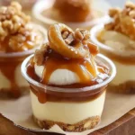 Several small caramel apple dessert cups, topped with a drizzle of sauce.