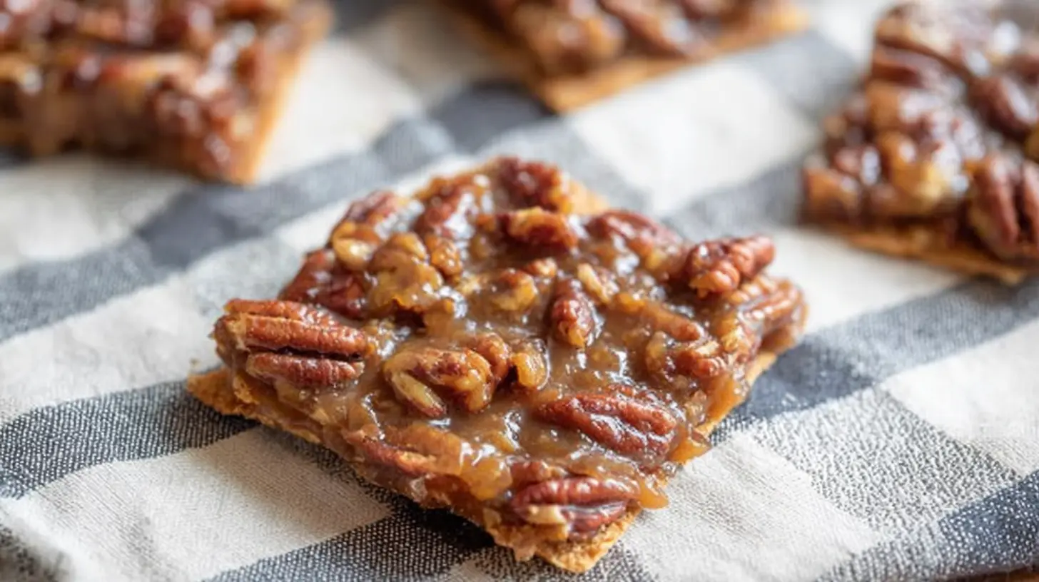 Sweet pecan bark pieces scattered on a white surface