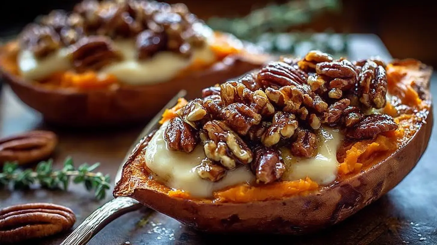 Sweet potatoes topped with melted brie and candied pecans, drizzled with maple syrup