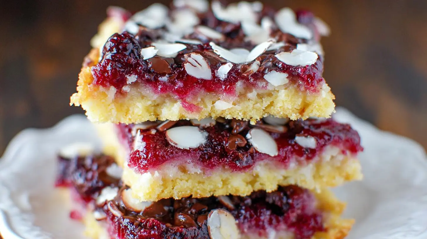 A close-up of fresh raspberry coconut magic bars with a vibrant top